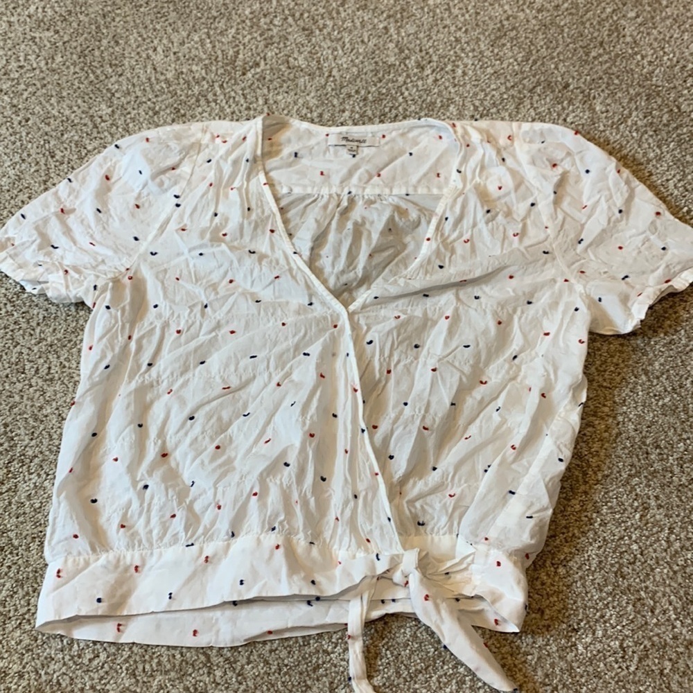 Madewell wrap shirt with red/blue dots